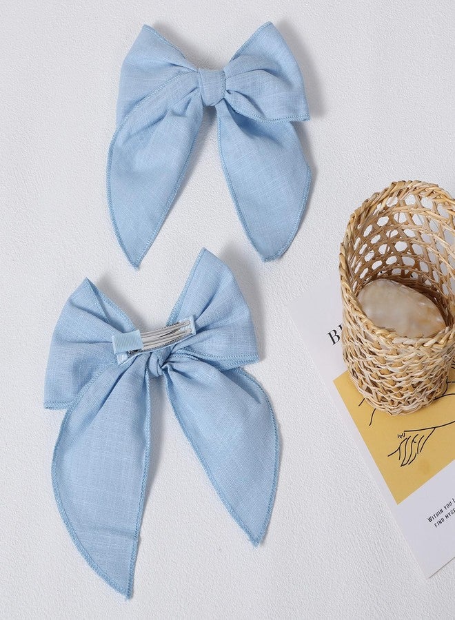 Miroksh 2pc Light Blue Cotton Linen Hair Bows 5.5" Soft Fable Hair Bow Barrettes for Girls Ponytail Sailor Knot Bows Alligator Clip Women Swimsuit Party Accessories Summer Beach Gift - Image 3
