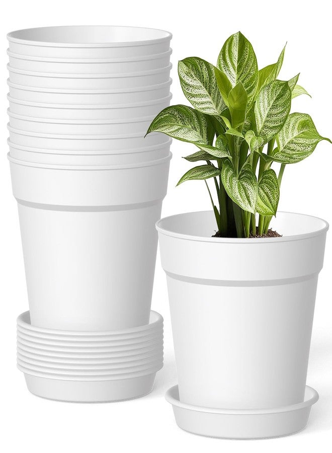 SwinDuck 10 Pack 6 Inch Plant Pots with Drainage and Saucers, White Plastic Flower Pots for Indoor and Outdoor Plants, Stackable Nursery Planters for Houseplants and Herbs, White - Image 1