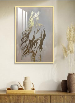A luxurious wooden wall painting with a horse design, with a frame and a transparent acrylic layer