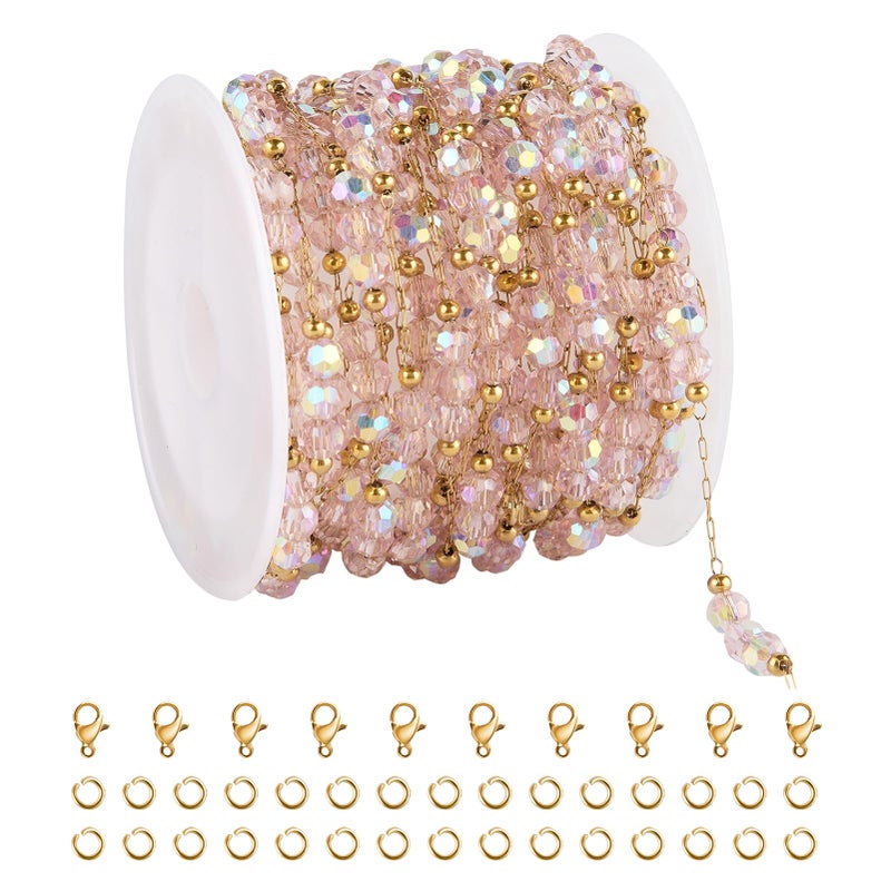 UMAOKANG 4 Meters Gold Plated Stainless Steel Chains for Jewelry Making Pink Crystal Jewelry Making Chain Roll - Image 1