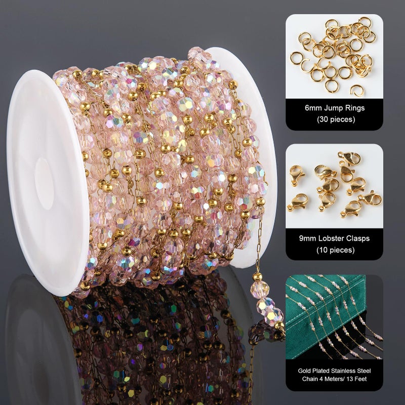 UMAOKANG 4 Meters Gold Plated Stainless Steel Chains for Jewelry Making Pink Crystal Jewelry Making Chain Roll - Image 2