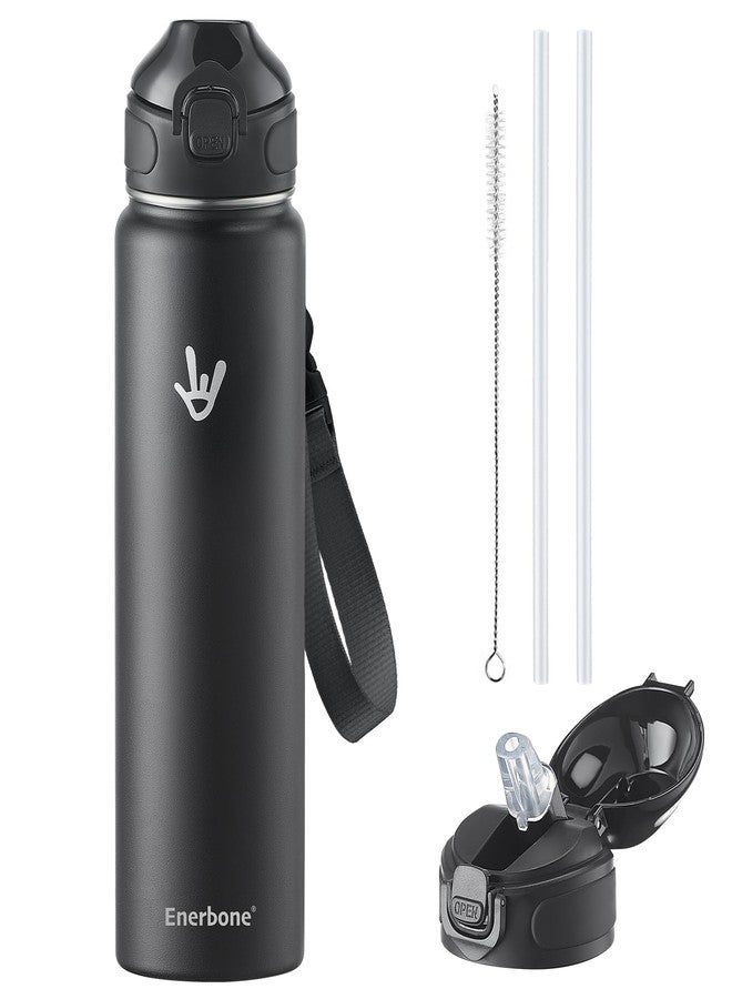 Enerbone زجاجة مياه معزولة من إنيربوين، سعة 32 أونصة، مصنوعة من الفولاذ المقاوم للصدأ، مزودة بحزام حمل، ترمس معزول بجدار مزدوج بتقنية التفريغ، زجاجة رياضية مانعة للتسرب مع ماصة، تحافظ على المشروبات ساخنة أو باردة لساعات. - Image 1