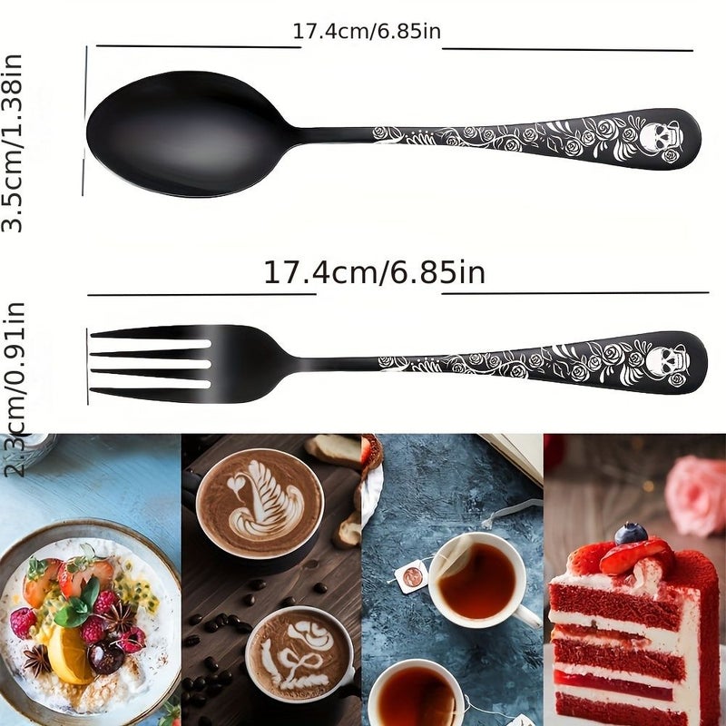 Gothic Black Skull And Rose Design Flatware Set 8 Pieces 4 Spoons And 4 Forks Steel Cutlery Set For Halloween Christmas Easter Thanksgiving Durable Spoons And Forks For Dessert And Dining - Image 3