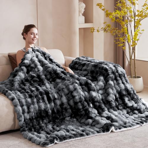 Serenhom 60x80 Inches Ultra-Soft Fuzzy Faux Fur Plush Twin Size Blanket - Thick, Warm Sherpa for Couch, Sofa, Bedroom, Camping - Decorative Blanket for Cozy Warmth, Bubble Black Tie Dye - Image 2