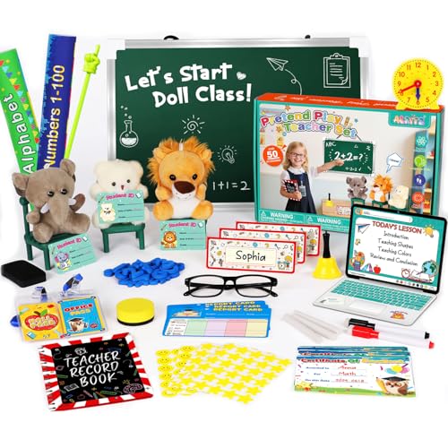 Alritz Pretend Play Teacher Set School Stuff Role Play Preschool Learning Activities Classroom Set for Girl Boys Include Dolls Toy Laptop Black Board Birthday Gift 5 6 7 8 9 Years Old - Image 1
