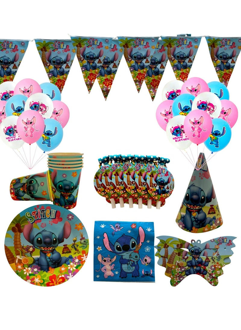 Tamona Lilo & Stitch Birthday & Party Decoration Set, 92 Pc Stitch & Lilo Cartoon Party Favor  for Kids , Included Banners, Balloons, Tableware & Blowouts-Serves 12 Guests  - Image 1