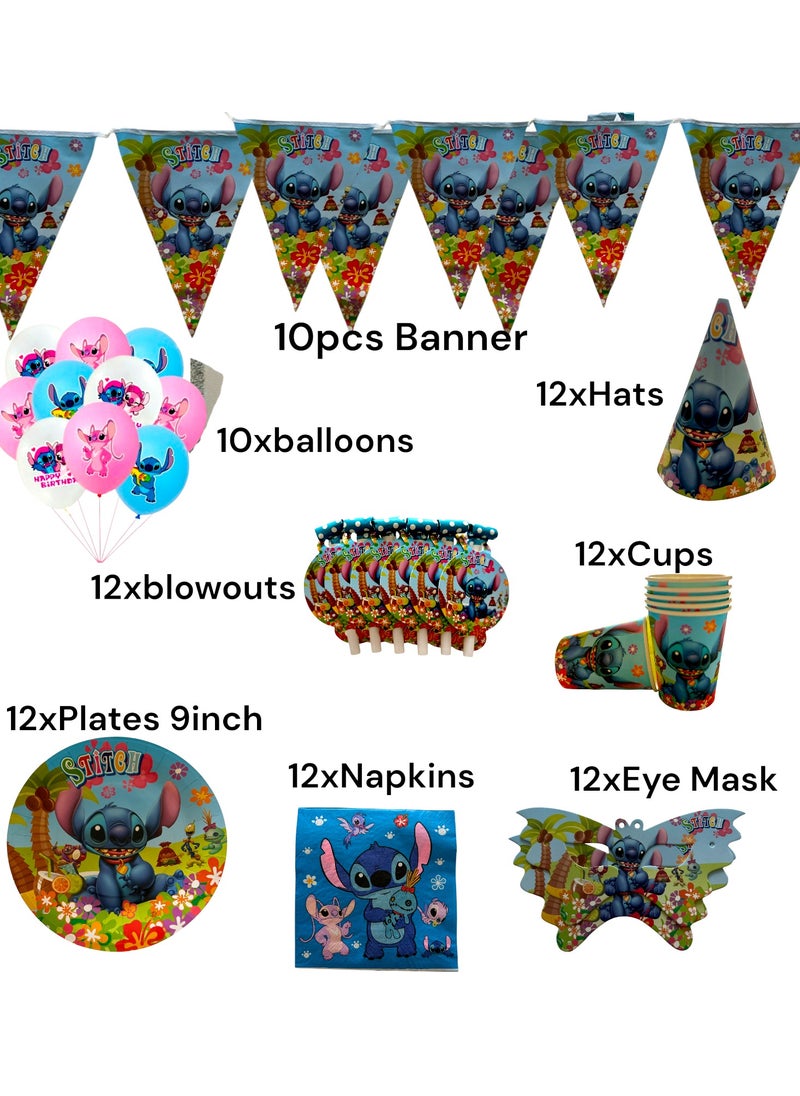 Tamona Lilo & Stitch Birthday & Party Decoration Set, 92 Pc Stitch & Lilo Cartoon Party Favor  for Kids , Included Banners, Balloons, Tableware & Blowouts-Serves 12 Guests  - Image 2