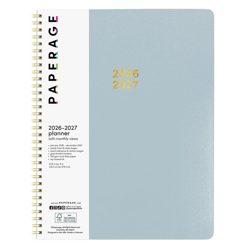 PAPERAGE 2 Year Monthly & Yearly Planner, 24 Months (January 2026 - December 2027), 8.5 in x 11 in, Spiral Bound 2026-2027 Planner with Monthly & Yearly Views, Note Pages & Trackers - Slate - Image 1