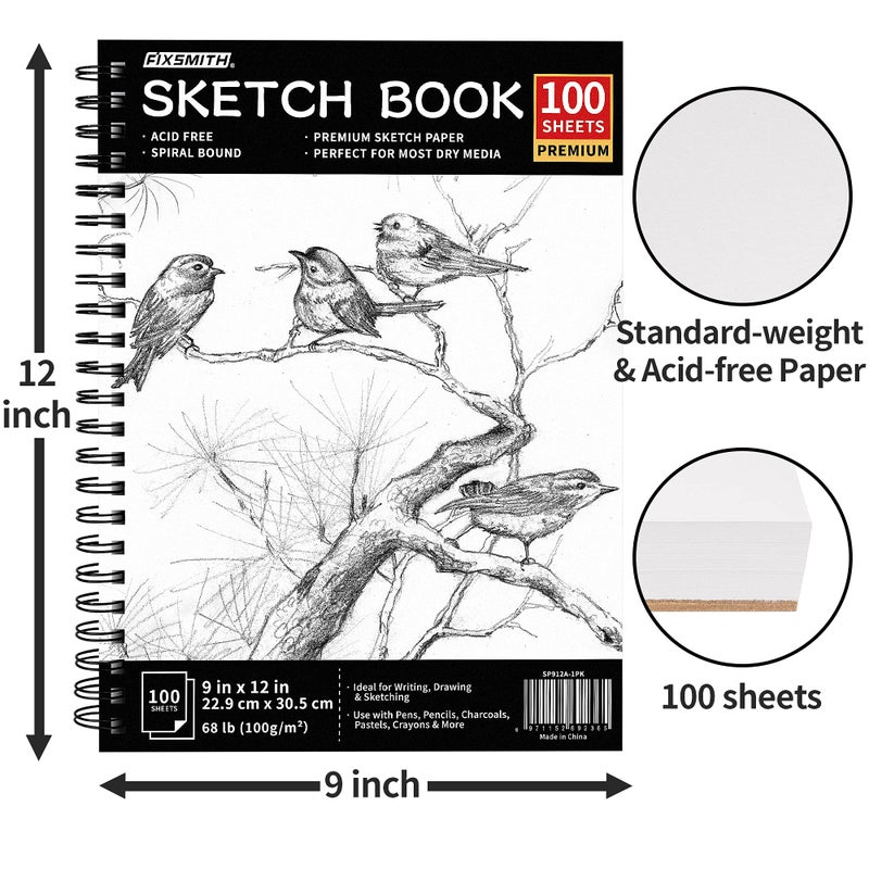 FIXSMITH 9"X12" Sketch Book | 100 Sheets (68 lb/100gsm) Spiral Sketchbook | Acid Free Drawing Paper | Sketch Pad for Kids,Beginners,Artists & Professionals| Bright White - Image 3