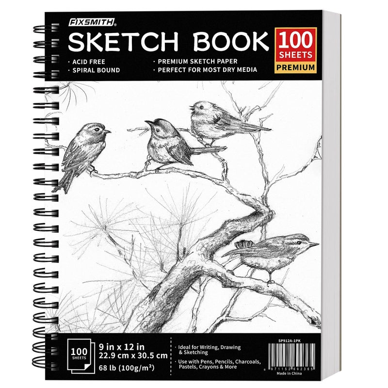 FIXSMITH 9"X12" Sketch Book | 100 Sheets (68 lb/100gsm) Spiral Sketchbook | Acid Free Drawing Paper | Sketch Pad for Kids,Beginners,Artists & Professionals| Bright White - Image 1