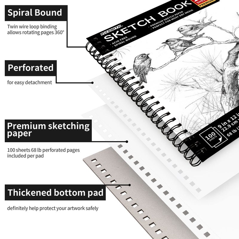FIXSMITH 9"X12" Sketch Book | 100 Sheets (68 lb/100gsm) Spiral Sketchbook | Acid Free Drawing Paper | Sketch Pad for Kids,Beginners,Artists & Professionals| Bright White - Image 2