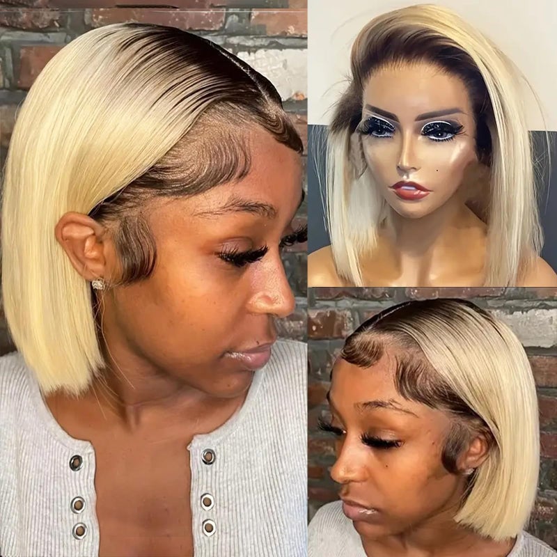Smavida Glueless Lace Front Wigs Bob Human Hair Wigs Colored Ombre Blonde 13x4 HD Transparent Brazilian Virgin Human Hair 150 Density Pre Plucked with Bleached Knots Lace Frotal Bob Wig for Women