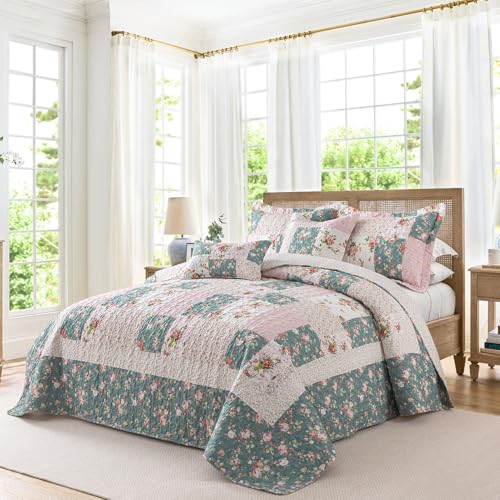 BEDIFANY French Style Queen Size Quilt Set for Farmhouse - 3 Pieces Cotton Filling Garden Lightweight Bedspreads Queen with Floral Pattern - All Season Quilt Bedding Sets for Decorations - Image 2