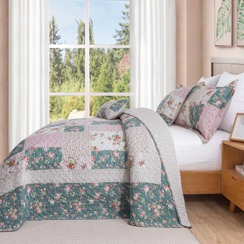 BEDIFANY French Style Queen Size Quilt Set for Farmhouse - 3 Pieces Cotton Filling Garden Lightweight Bedspreads Queen with Floral Pattern - All Season Quilt Bedding Sets for Decorations - Image 3
