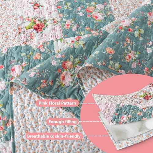 BEDIFANY French Style Queen Size Quilt Set for Farmhouse - 3 Pieces Cotton Filling Garden Lightweight Bedspreads Queen with Floral Pattern - All Season Quilt Bedding Sets for Decorations - Image 4