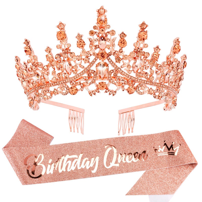 Velscrun Rose Gold Crystal Birthday Queen Tiara Crown for Women Girls Birthday Queen Headband Sash Elegant Princess Crown with Combs Hair Accessories Happy Birth Party Decorations Mom Birth Gift