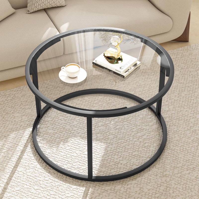 Easy Paws Round Coffee Table,Small Black Coffee Table for Living Room,27" Modern Center Table,Glass Top Clear Coffee Table with Sturdy Metal Frame for for Living Room Home Office, Easy Assembly,Black - Image 1