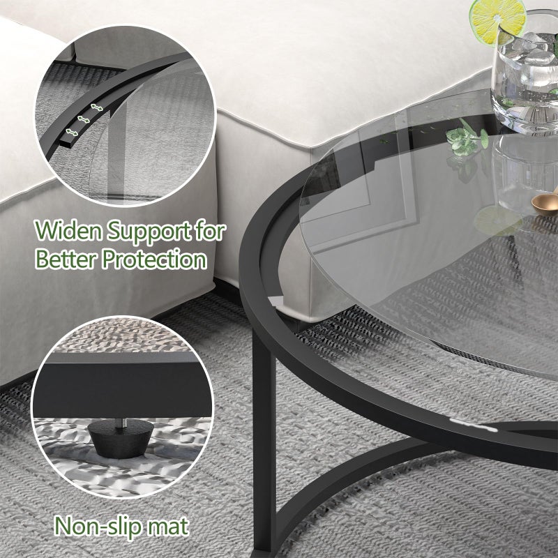 Easy Paws Round Coffee Table,Small Black Coffee Table for Living Room,27" Modern Center Table,Glass Top Clear Coffee Table with Sturdy Metal Frame for for Living Room Home Office, Easy Assembly,Black - Image 3
