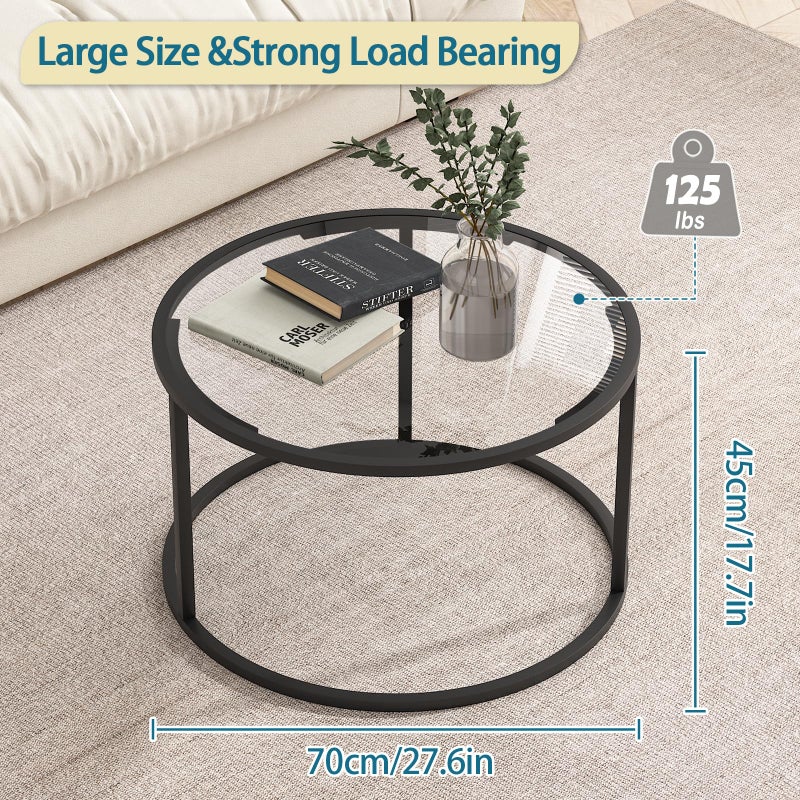 Easy Paws Round Coffee Table,Small Black Coffee Table for Living Room,27" Modern Center Table,Glass Top Clear Coffee Table with Sturdy Metal Frame for for Living Room Home Office, Easy Assembly,Black - Image 2