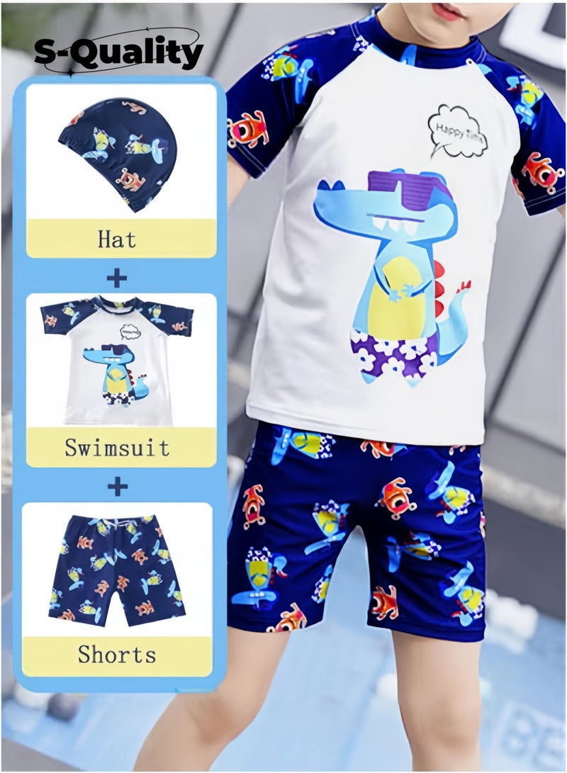 S-Quality 3 Piece Kids Swimsuit with Cap Set Toddler Boys Cartoon Crocodile Print Swimwear Children Swimming Trunks Short Sleeves Clothing Beachwear Bathing Suit for Summer Blue/White  - Image 1