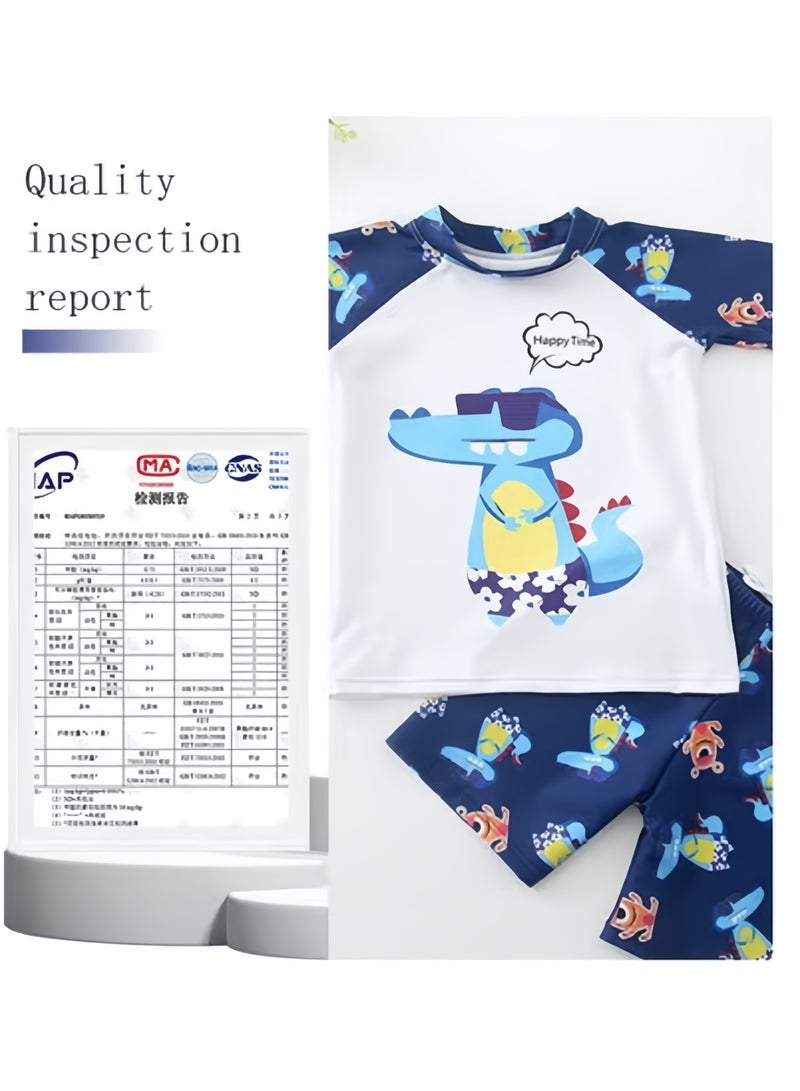 S-Quality 3 Piece Kids Swimsuit with Cap Set Toddler Boys Cartoon Crocodile Print Swimwear Children Swimming Trunks Short Sleeves Clothing Beachwear Bathing Suit for Summer Blue/White  - Image 3