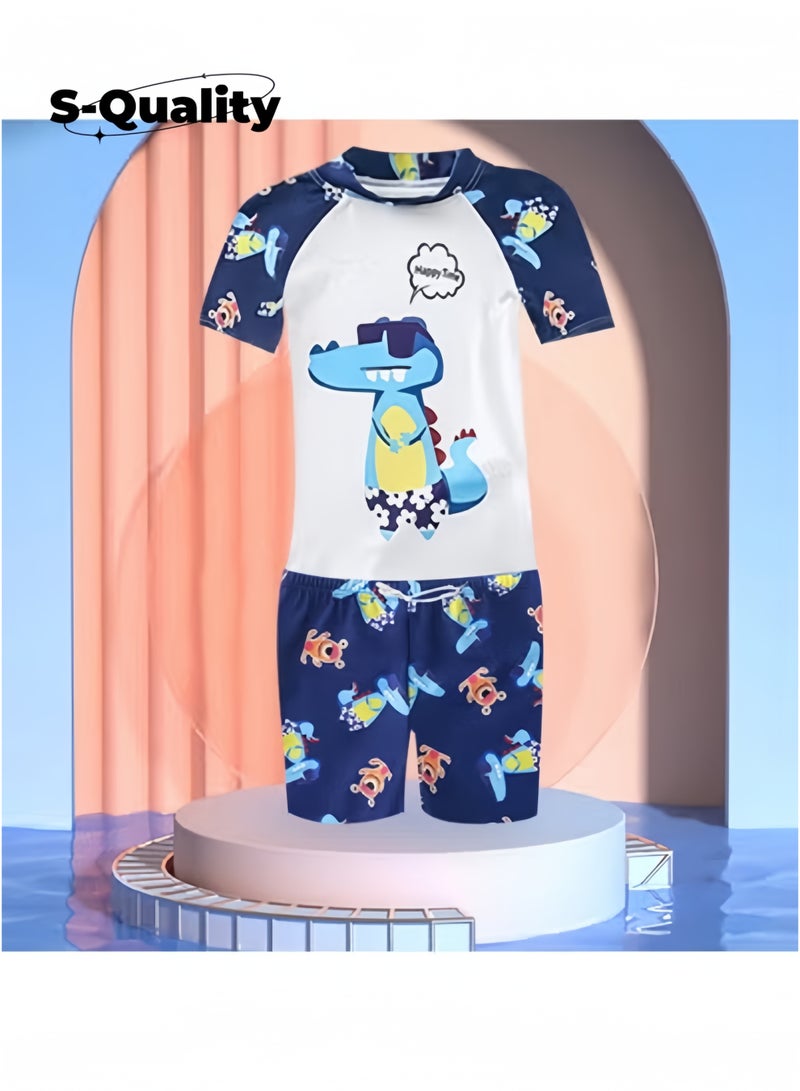 S-Quality 3 Piece Kids Swimsuit with Cap Set Toddler Boys Cartoon Crocodile Print Swimwear Children Swimming Trunks Short Sleeves Clothing Beachwear Bathing Suit for Summer Blue/White  - Image 2