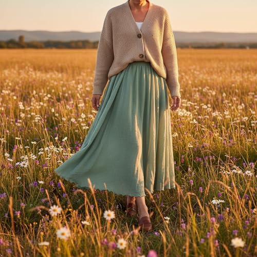 OCHENTA Women's Casual Cotton Long Maxi Skirt Flowy Boho for Summer Beach Goth Fairy Renaissance Weekend Skirts Light Green 95CM - Image 3