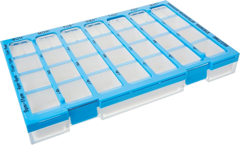 EZY DOSE Weekly AM/PM (7-Day) Pill Case, Medicine Planner, Vitamin Organizer, Large Easy Fill Compartments, 4 Times a Day, Clear Lids, Blue, BPA Free