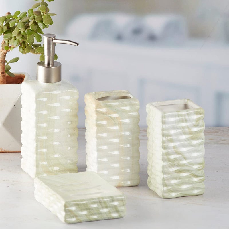 Kookee Ceramic Bathroom Accessories Set of 4 Modern Bath Set with Liquid handwash Soap Dispenser and Toothbrush Holder Luxury Gift Accessory for Home Pista GreenOff White 7693 - Image 2