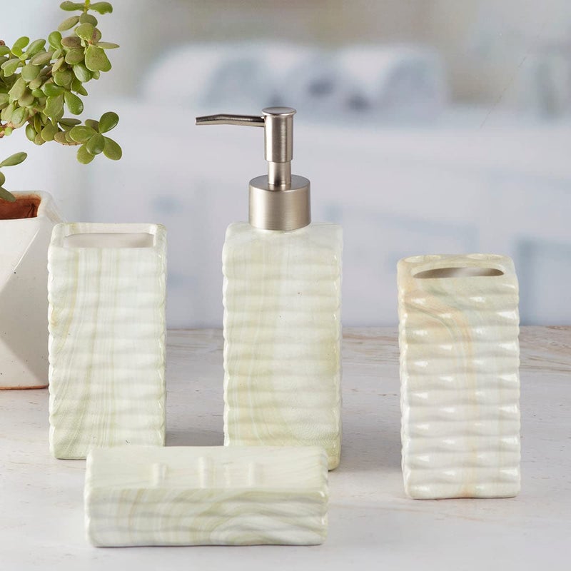 Kookee Ceramic Bathroom Accessories Set of 4 Modern Bath Set with Liquid handwash Soap Dispenser and Toothbrush Holder Luxury Gift Accessory for Home Pista GreenOff White 7693 - Image 4