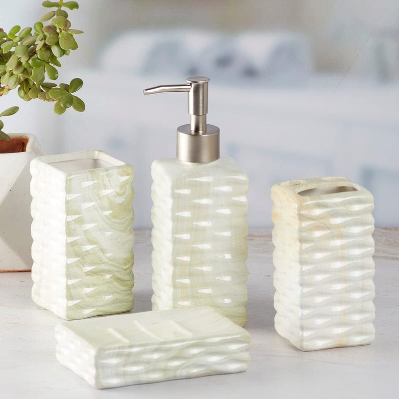 Kookee Ceramic Bathroom Accessories Set of 4 Modern Bath Set with Liquid handwash Soap Dispenser and Toothbrush Holder Luxury Gift Accessory for Home Pista GreenOff White 7693 - Image 3