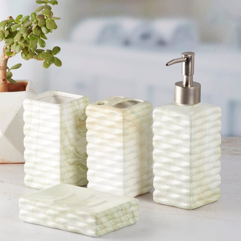 Kookee Ceramic Bathroom Accessories Set of 4 Modern Bath Set with Liquid handwash Soap Dispenser and Toothbrush Holder Luxury Gift Accessory for Home Pista GreenOff White 7693 - Image 1