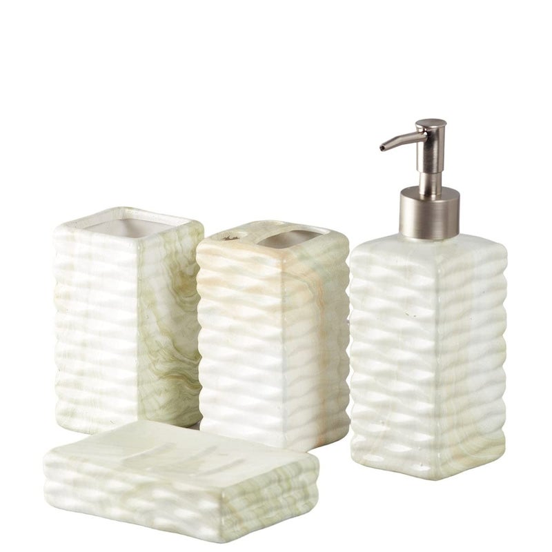 Kookee Ceramic Bathroom Accessories Set of 4 Modern Bath Set with Liquid handwash Soap Dispenser and Toothbrush Holder Luxury Gift Accessory for Home Pista GreenOff White 7693 - Image 5