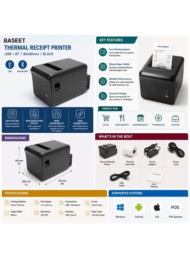 BASEET BAS-376 High-Speed 80x80 Thermal Receipt Printer with USB & Bluetooth Connectivity - Image 3