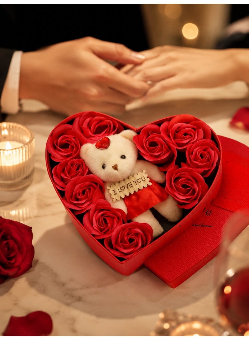 Romantic heart-shaped box with a teddy bear, red roses, and an I Love You message, perfect for Valentine’s Day, anniversaries, romantic gifts, and special occasions. - Image 1