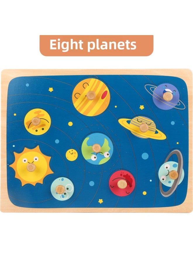 Direct Hand-held Plate Jigsaw Puzzle Children's Early Education And Intelligence Wooden Toys Digital Letters Fruit Geometric Shapes-Color:OJR-Big Wooden Nail Hand Grasping Board Eight Planets - Image 1