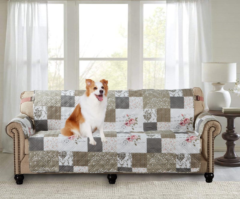 Brilliant Sunshine Brilliant Sunshine Roses and Toile Couch Slip Cover Patchwork Design Quilted Slipcover with 2 Strap 70 Seat Slip Resistant Cushion Protector Washable Sofa Covers for Dogs Cats Kids Rose Grey