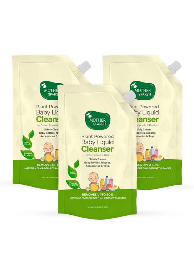 Mother Sparsh منظف سائل طبيعي للأطفال (مدعوم بالنباتات) منظف لزجاجات الأطفال وحلماتها والإكسسوارات والألعاب عبوة إعادة تعبئة (500 ملx3) - Image 1