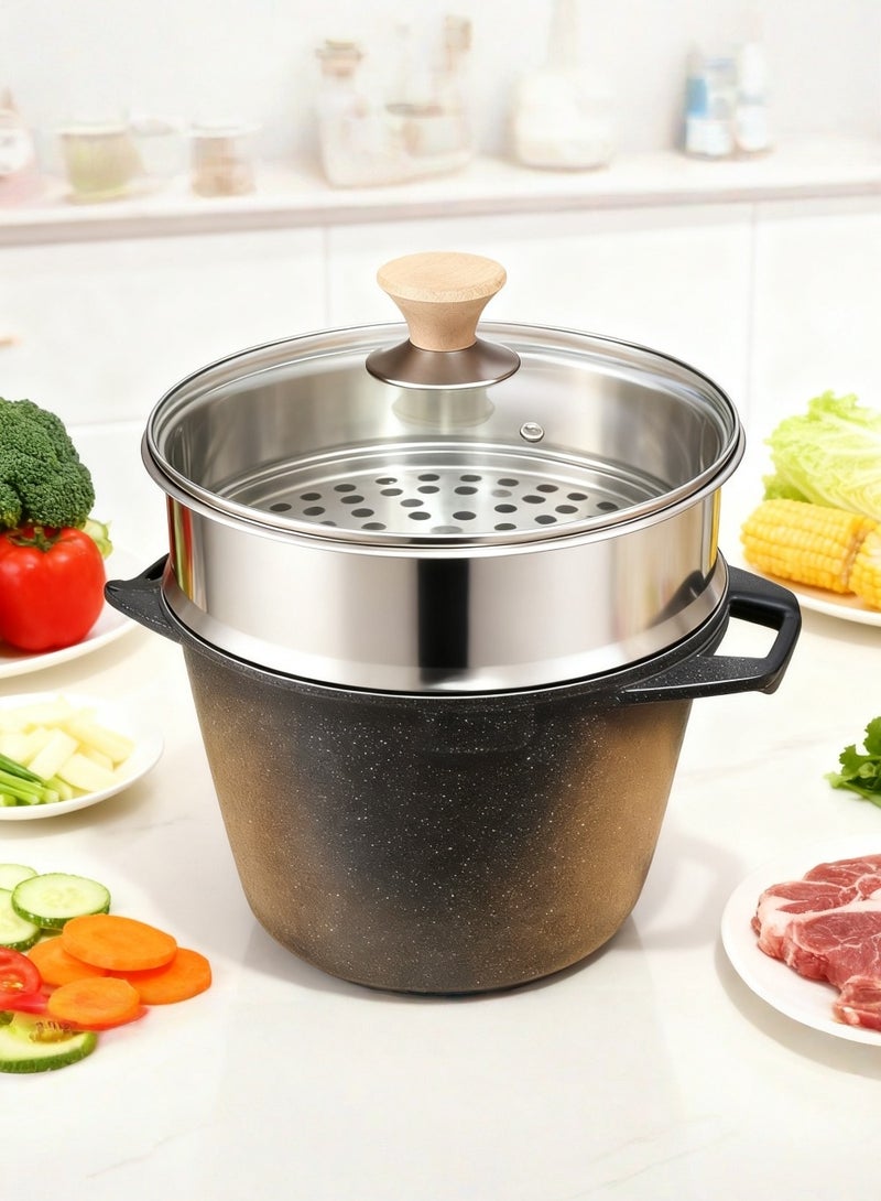 MGC Tourmaline soup pot cookware + steamer tray, granite non-stick pot material, household double-ear stew pot, flat pan, soup and instant noodle pot, induction cooker, household, outdoor - Image 1