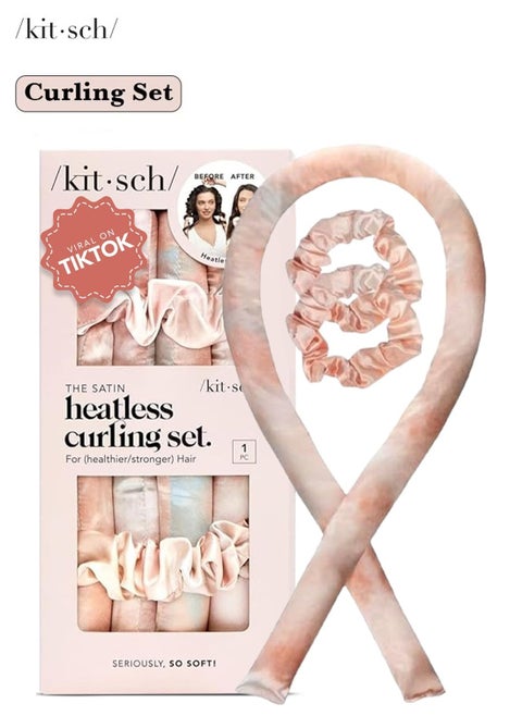 Satin Heatless Curling Set, No Heat Hair Rollers for Effortless Overnight Curls, Includes Curling Rod and Satin Scrunchies in Sunset Tie-Dye