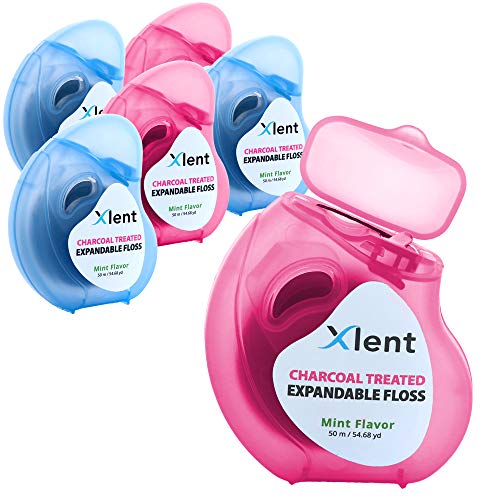Xlent Expandable Floss Treated with Activated Charcoal with Xylitol and Natural Plant Based Wax |Fresh Mint Flavor | 50 Meter (6 Count) - Image 1