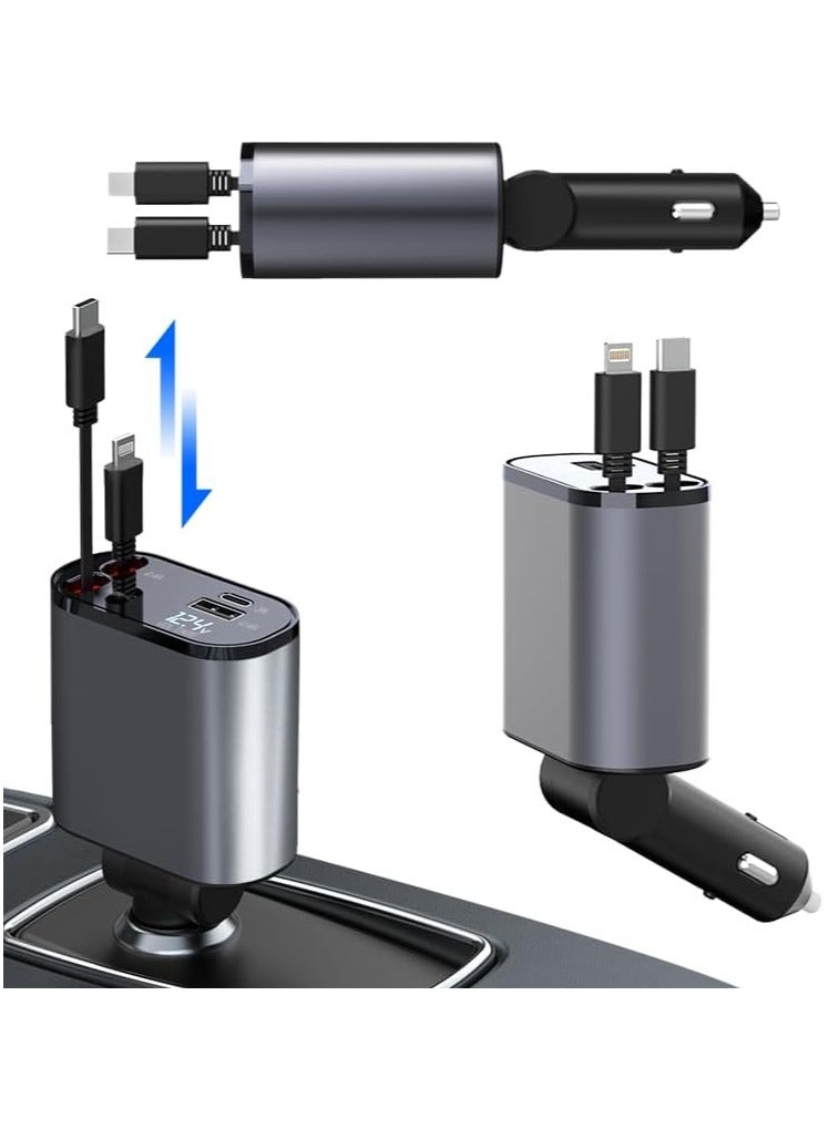 شاحن سيارة قابل للسحب، شاحن سيارة USB-C 4 في 1 بقوة 60 واط مع كابلات قابلة للسحب بطول 2.6 قدم ومنفذي USB، متوافق مع iPhone 15/14/13/12/11 Pro Max وGalaxy S23/S22/S10 وGoogle Pixel - Image 2