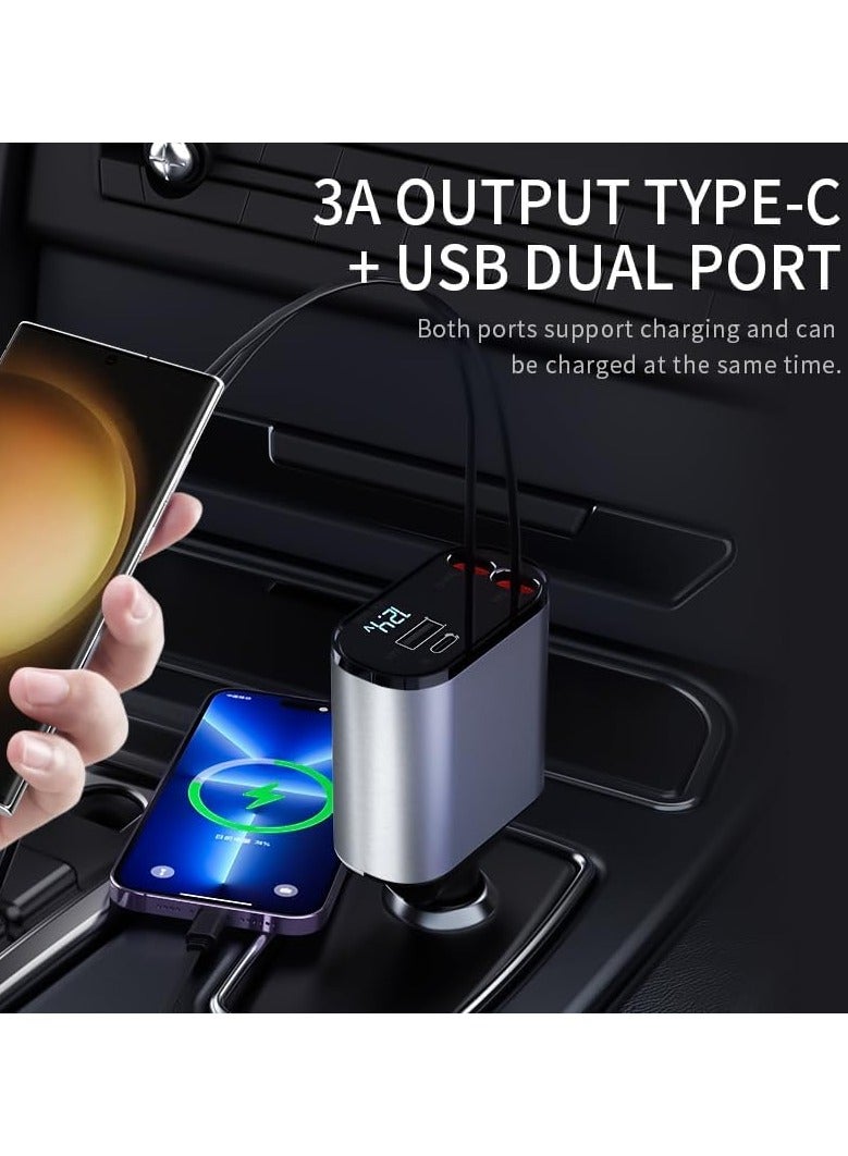 شاحن سيارة قابل للسحب، شاحن سيارة USB-C 4 في 1 بقوة 60 واط مع كابلات قابلة للسحب بطول 2.6 قدم ومنفذي USB، متوافق مع iPhone 15/14/13/12/11 Pro Max وGalaxy S23/S22/S10 وGoogle Pixel - Image 3