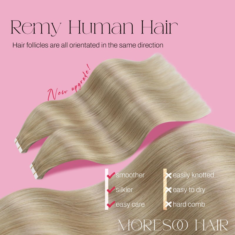 Moresoo Human Hair Extensions Tape in Human Hair Tape in Hair Extensions Ash Blonde Mix with Bleach Blonde Glue in Real Human Hair 12 Inch #P18/613 20pcs 30g - Image 2