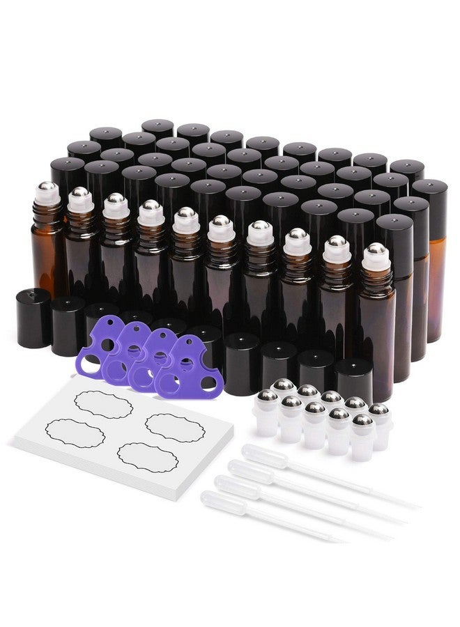 ULG Essential Oil Roller Bottles 48 Pack 10 Ml Amber Glass Empty Bottles With Stainless Steel Roller Balls (10 Extra Balls, 4 Openers, 4 Droppers, 48 Waterproof Labels) - Image 1