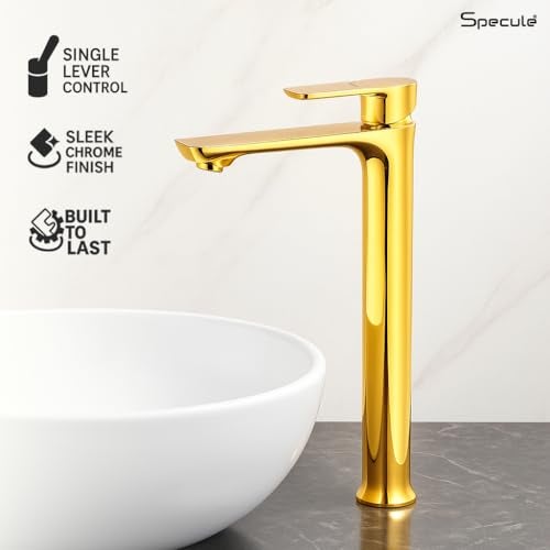 Specule 12-Inch Nyra Pillar Basin Tap | Brass Lever Pillar Tap | Extended Design for Countertop Basins | Rust-Resistant | Gold Finish | Modern Bathroom Faucet - Image 3