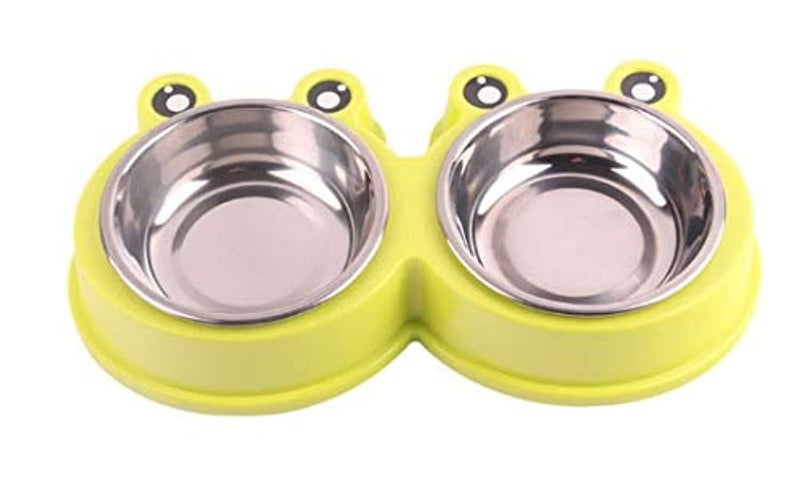 SHIZPHH Double Dog Cat Bowls Double Premium Stainless Steel Pet Bowls with Cute Modeling Pet Food Water Feeder Food Bowls (Color: Green)