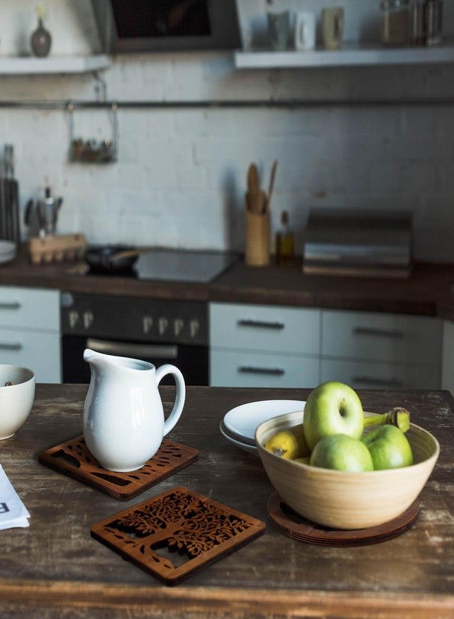 Beeveer مجموعة بيفير المكونة من 5 قطع من قواعد الأواني الخشبية بتصميم شجرة الحياة مع رف تخزين، قواعد للأواني الساخنة، قواعد للأواني والمقالي الساخنة، مجموعة حصائر مقاومة للحرارة، حوامل أباريق الشاي لطاولة الطعام في المطبخ (خشب داكن) - Image 5