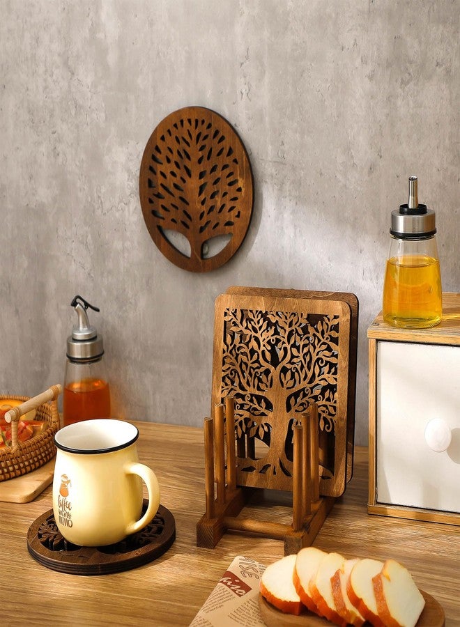 Beeveer مجموعة بيفير المكونة من 5 قطع من قواعد الأواني الخشبية بتصميم شجرة الحياة مع رف تخزين، قواعد للأواني الساخنة، قواعد للأواني والمقالي الساخنة، مجموعة حصائر مقاومة للحرارة، حوامل أباريق الشاي لطاولة الطعام في المطبخ (خشب داكن) - Image 2