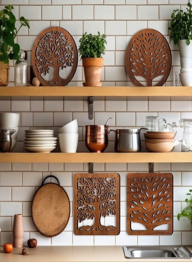 Beeveer مجموعة بيفير المكونة من 5 قطع من قواعد الأواني الخشبية بتصميم شجرة الحياة مع رف تخزين، قواعد للأواني الساخنة، قواعد للأواني والمقالي الساخنة، مجموعة حصائر مقاومة للحرارة، حوامل أباريق الشاي لطاولة الطعام في المطبخ (خشب داكن) - Image 4